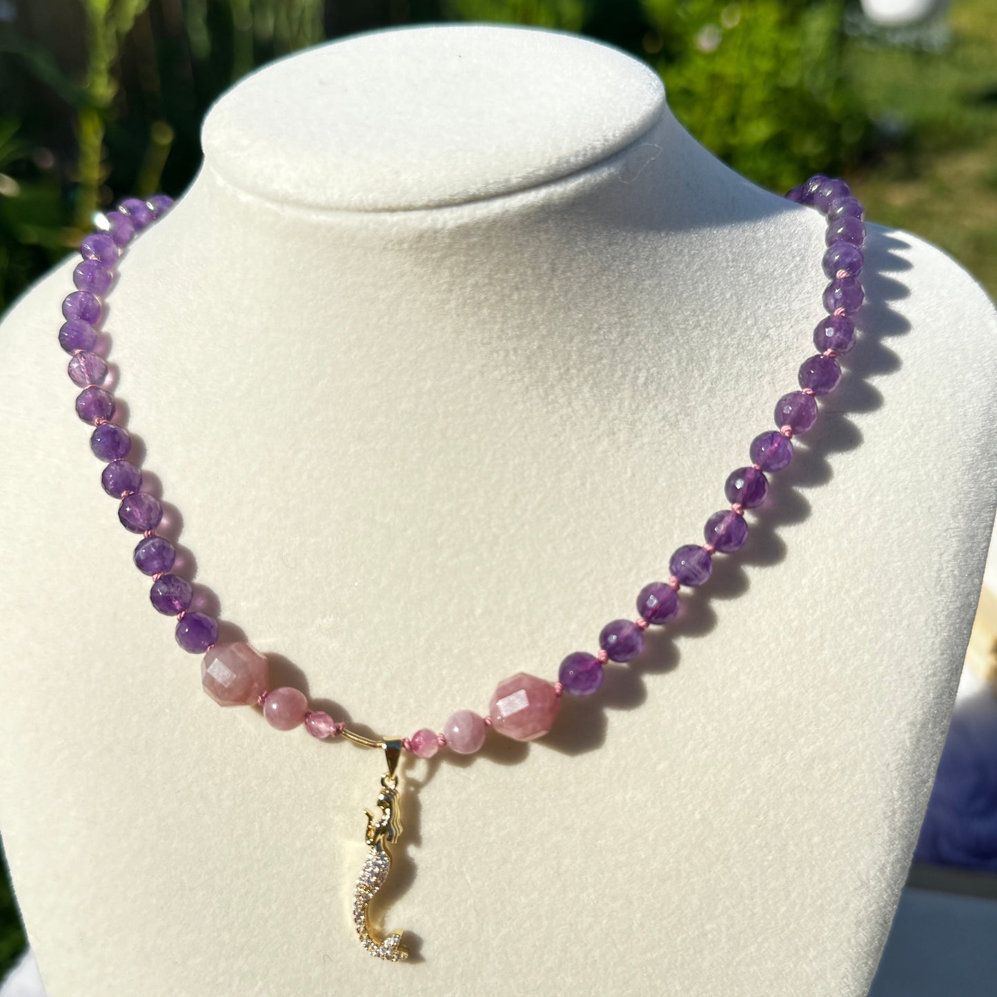Mermaid Princess Amethyst + Rose Quartz Beaded Necklace