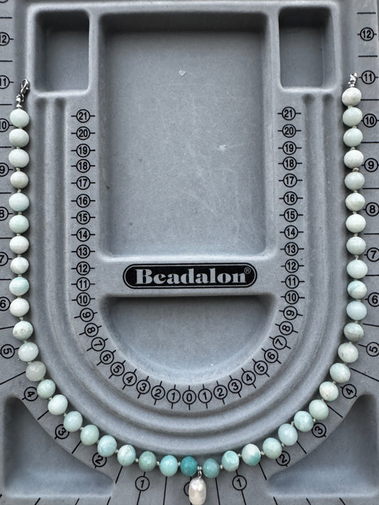 Lagoon Luminance with Pearl Brazilian Amazonite Silk Knotted Beaded Necklace