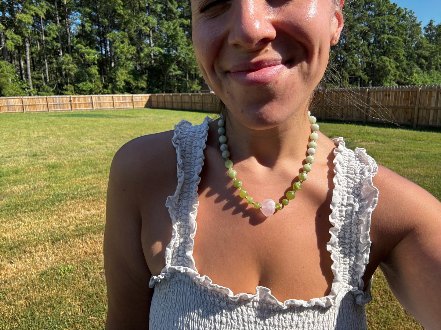 Iced Cherry Blossom Matcha Necklace with Serpentine, Peridot + Rose Quartz