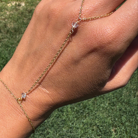 Made-to-order Dainty Damsel Gold-filled handchain with Herkimer Diamonds (Double Terminated Crystal Clear Quartz)