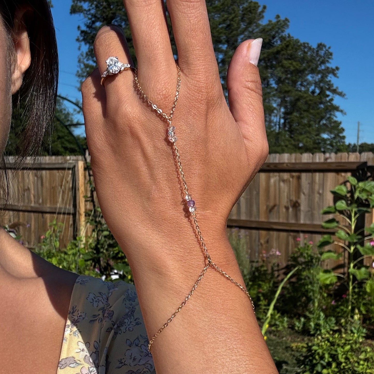 Made-to-order Dainty Darling Gold-filled handchain with Tourmaline + Herkimer Diamonds (Double Terminated Crystal Clear Quartz)