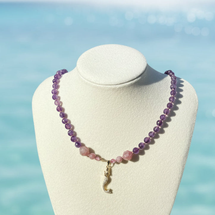 Mermaid Princess Amethyst + Rose Quartz Beaded Necklace
