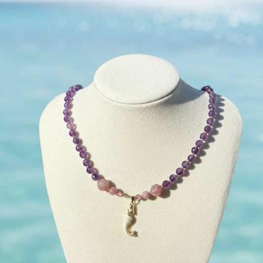 Mermaid Princess Amethyst + Rose Quartz Beaded Necklace