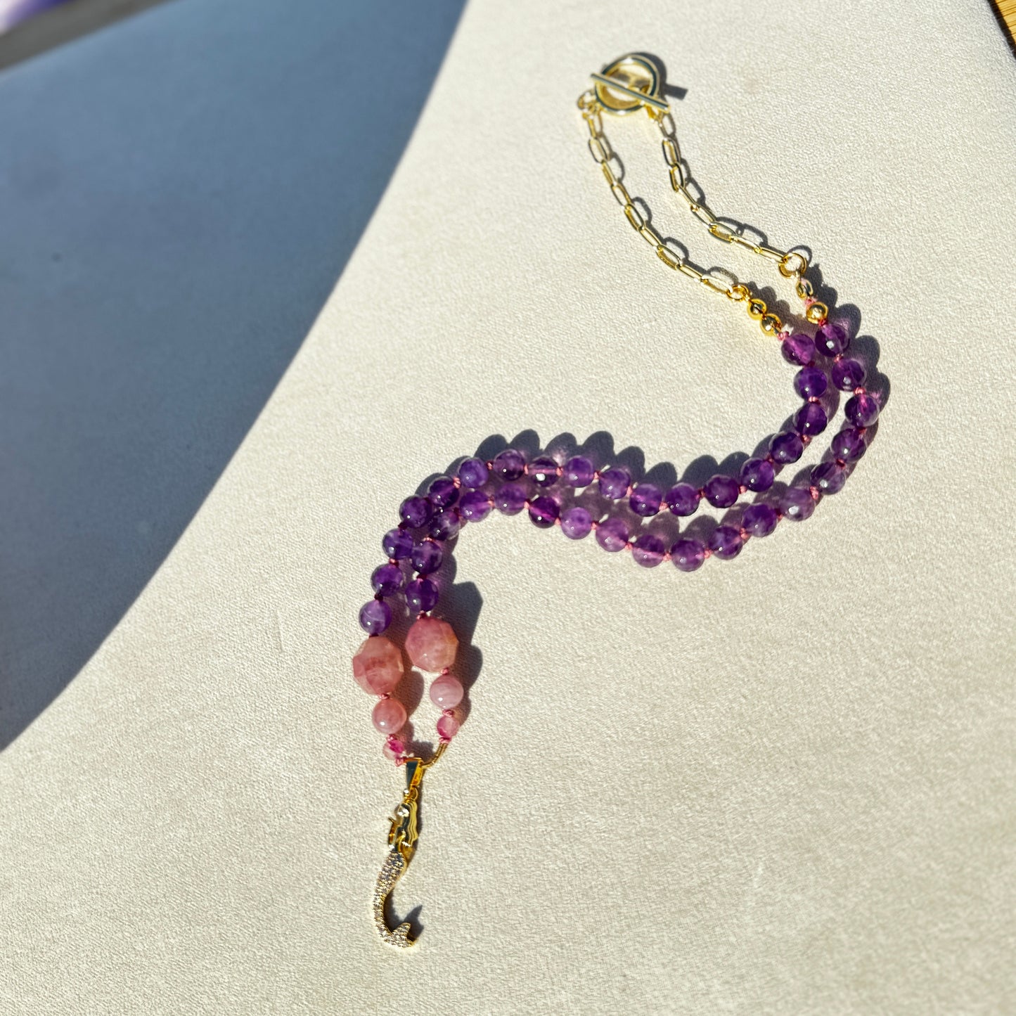 Mermaid Princess Amethyst + Rose Quartz Beaded Necklace