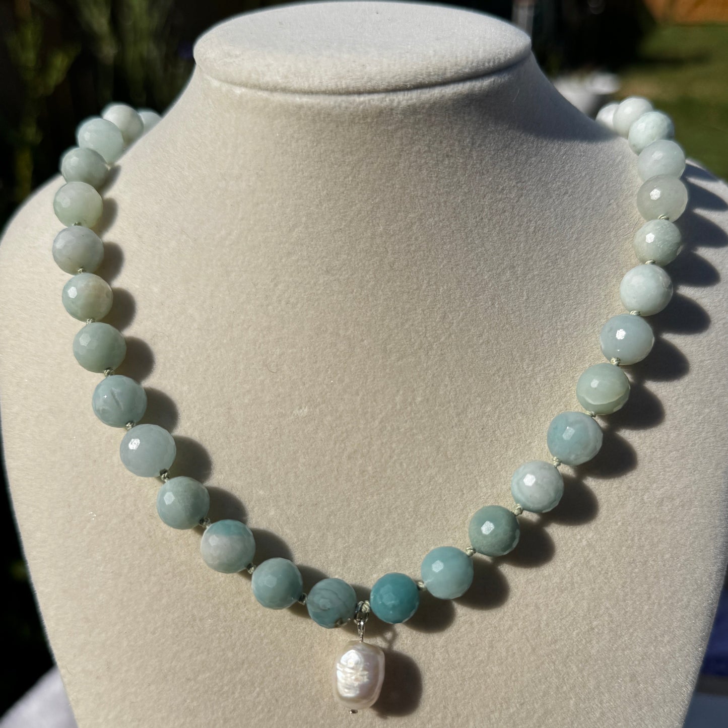 Lagoon Luminance with Pearl Brazilian Amazonite Silk Knotted Beaded Necklace
