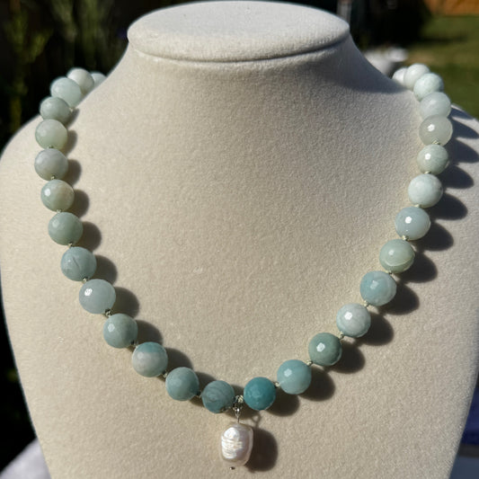 Lagoon Luminance with Pearl Brazilian Amazonite Silk Knotted Beaded Necklace