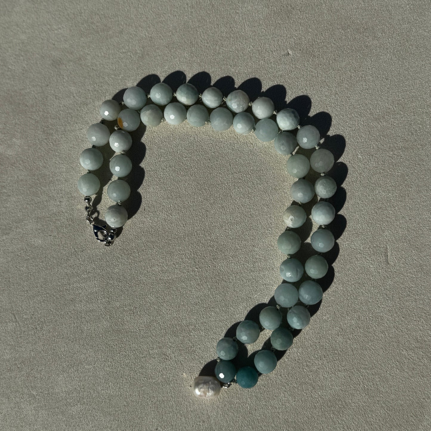 Lagoon Luminance with Pearl Brazilian Amazonite Silk Knotted Beaded Necklace