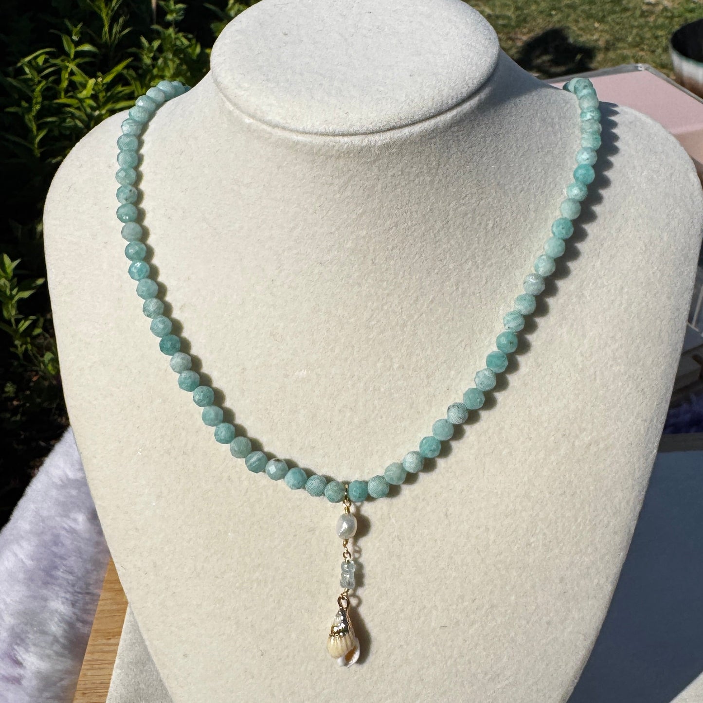 Scintillating Siren Amazonite Beaded Necklace with Pearl Aquamarine and Seashell Accent