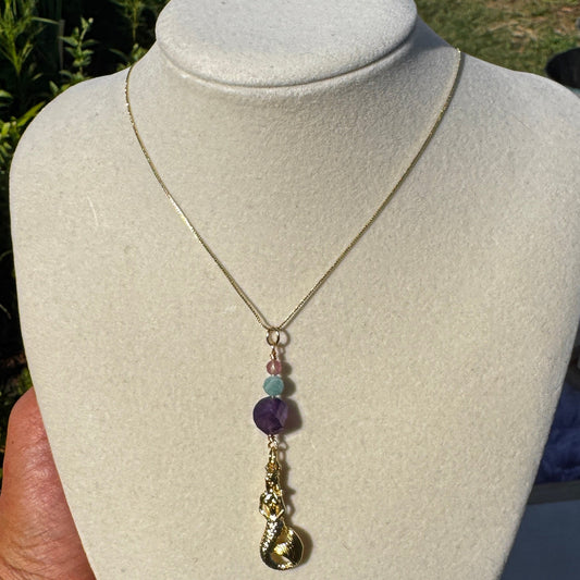 Queen of the Crystal Cove Gold-filled chain with Gemstone and Mermaid Pendant Necklace