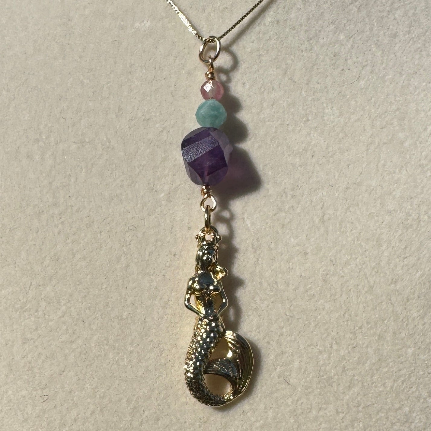 Queen of the Crystal Cove Gold-filled chain with Gemstone and Mermaid Pendant Necklace