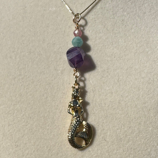 Queen of the Crystal Cove Gold-filled chain with Gemstone and Mermaid Pendant Necklace