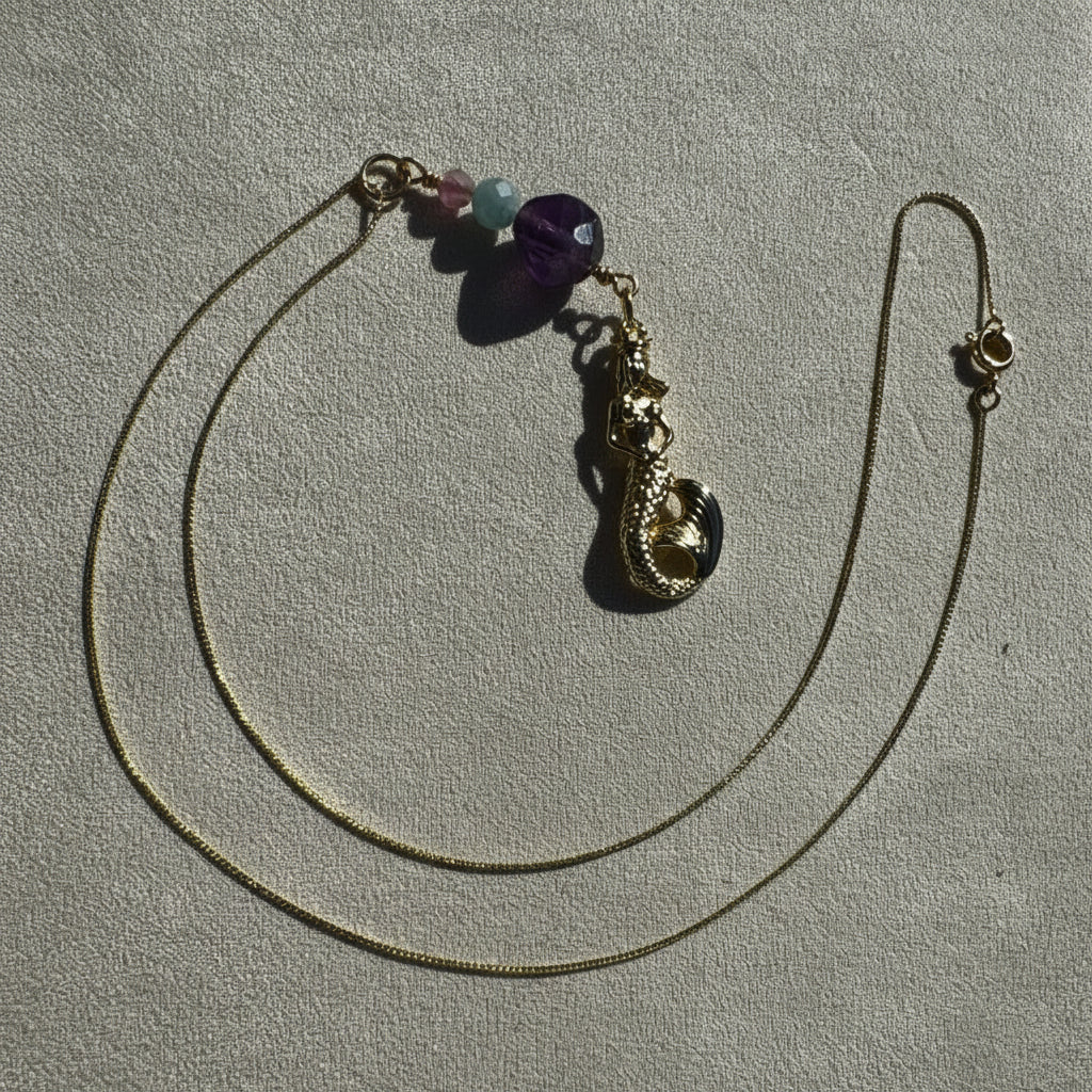 Queen of the Crystal Cove Gold-filled chain with Gemstone and Mermaid Pendant Necklace
