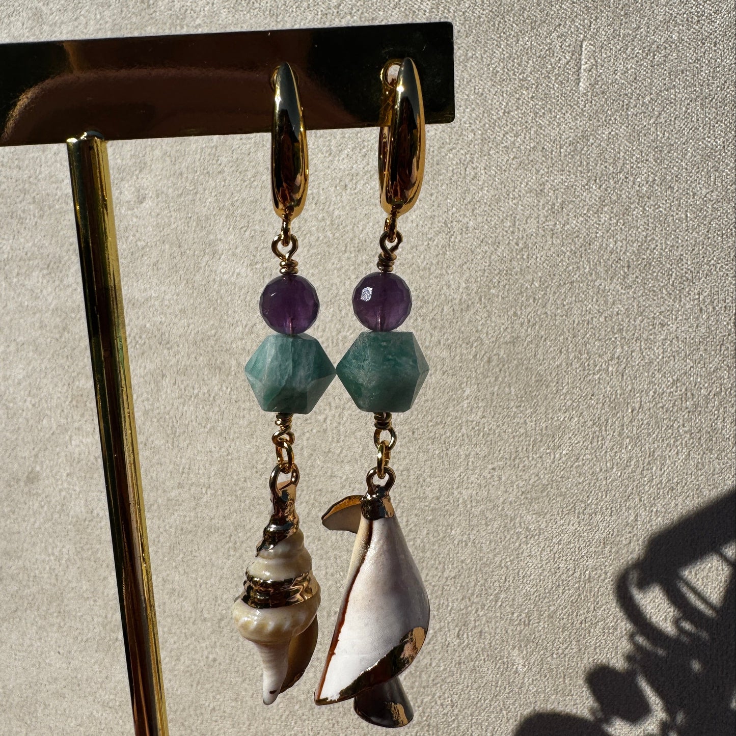 Sea Stars, Not Twins Mismatched Seashell Charm Earrings with Amethyst + Amazonite