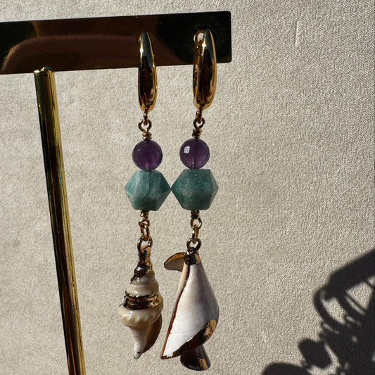 Sea Stars, Not Twins Mismatched Seashell Charm Earrings with Amethyst + Amazonite