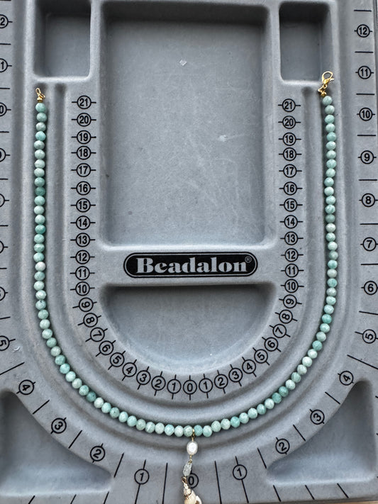Scintillating Siren Amazonite Beaded Necklace with Pearl Aquamarine and Seashell Accent