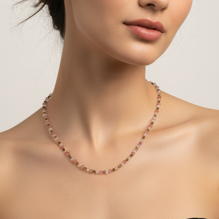 Watermelon Sugar Twinkle Necklace with Tourmaline & Herkimer Diamonds