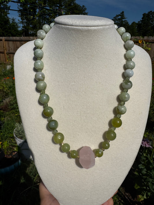 Iced Cherry Blossom Matcha Necklace with Serpentine, Peridot + Rose Quartz