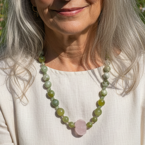 Iced Cherry Blossom Matcha Necklace with Serpentine, Peridot + Rose Quartz