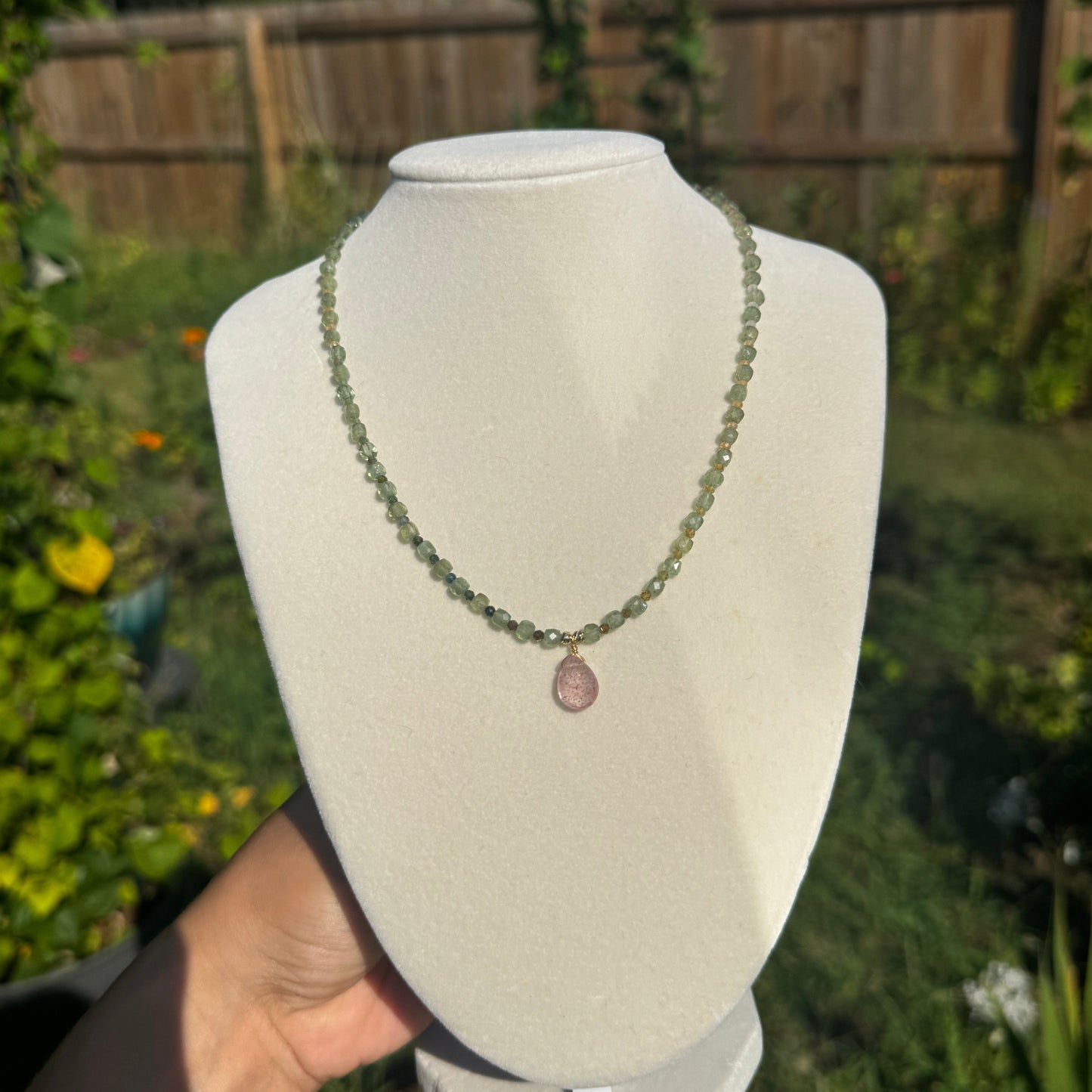 Strawberry Sparkle Necklace with Tourmaline and Peridot Beads + Strawberry Quartz Pendant