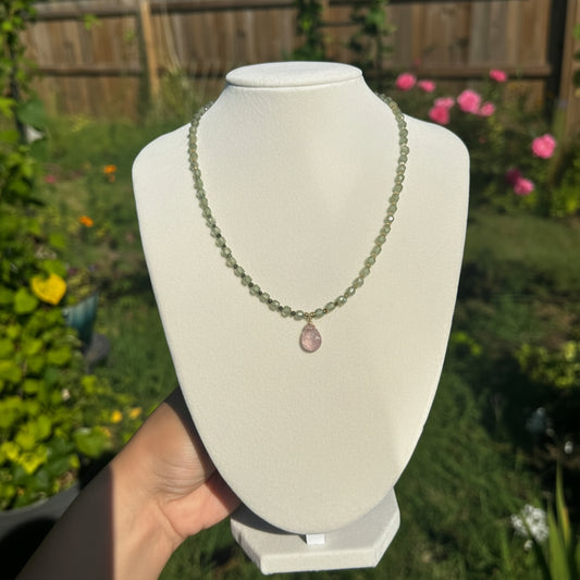 Strawberry Sparkle Necklace with Tourmaline and Peridot Beads + Strawberry Quartz Pendant