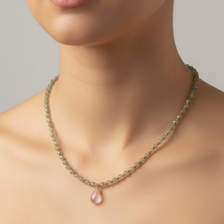 Strawberry Sparkle Necklace with Tourmaline and Peridot Beads + Strawberry Quartz Pendant