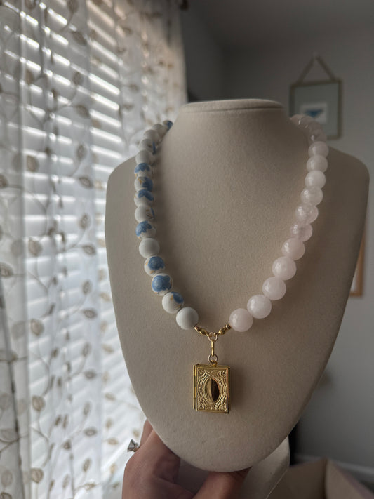 She’s a reader [Rose Quartz + Painted Porcelain with Gold-Filled Book Locket Necklace]