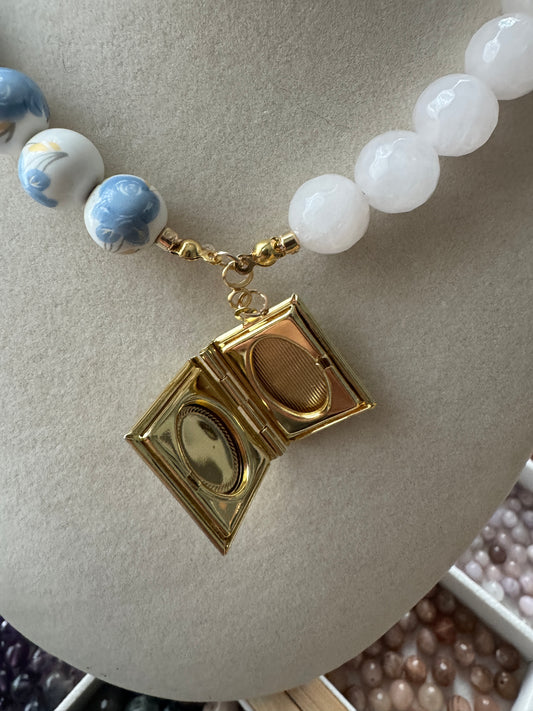 She’s a reader [Rose Quartz + Painted Porcelain with Gold-Filled Book Locket Necklace]
